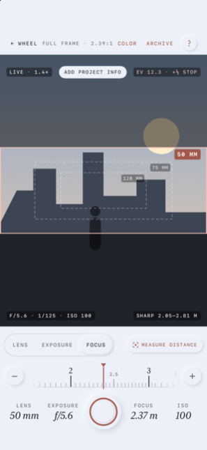 Viewfinder Focus tab with the focus ring and Measure distance